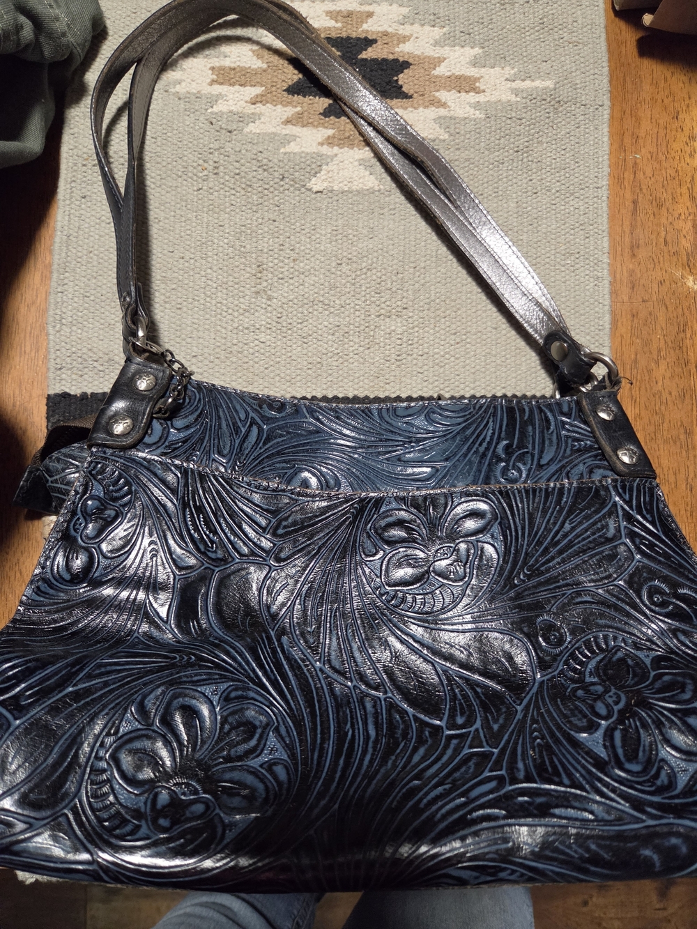 Patricia Nash Embossed Floral Leather Shoulder Bag - Blue Some Wear On Straps